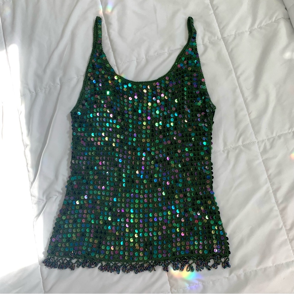 Vintage Green Sequin Beaded Tank Top Size S